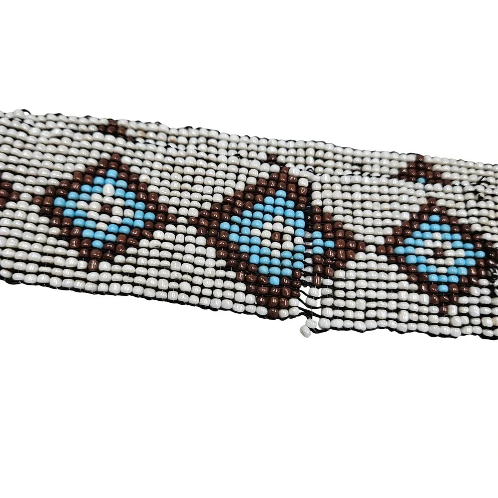 Handmade Beaded Belt White Blue Brown Diamond Boho Southwestern 15